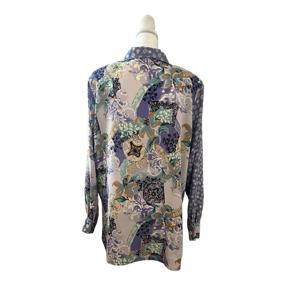 KOOS Of Course 100% Silk Women’s Button Down Blouse Size L Floral/Purple Print - Picture 3 of 8